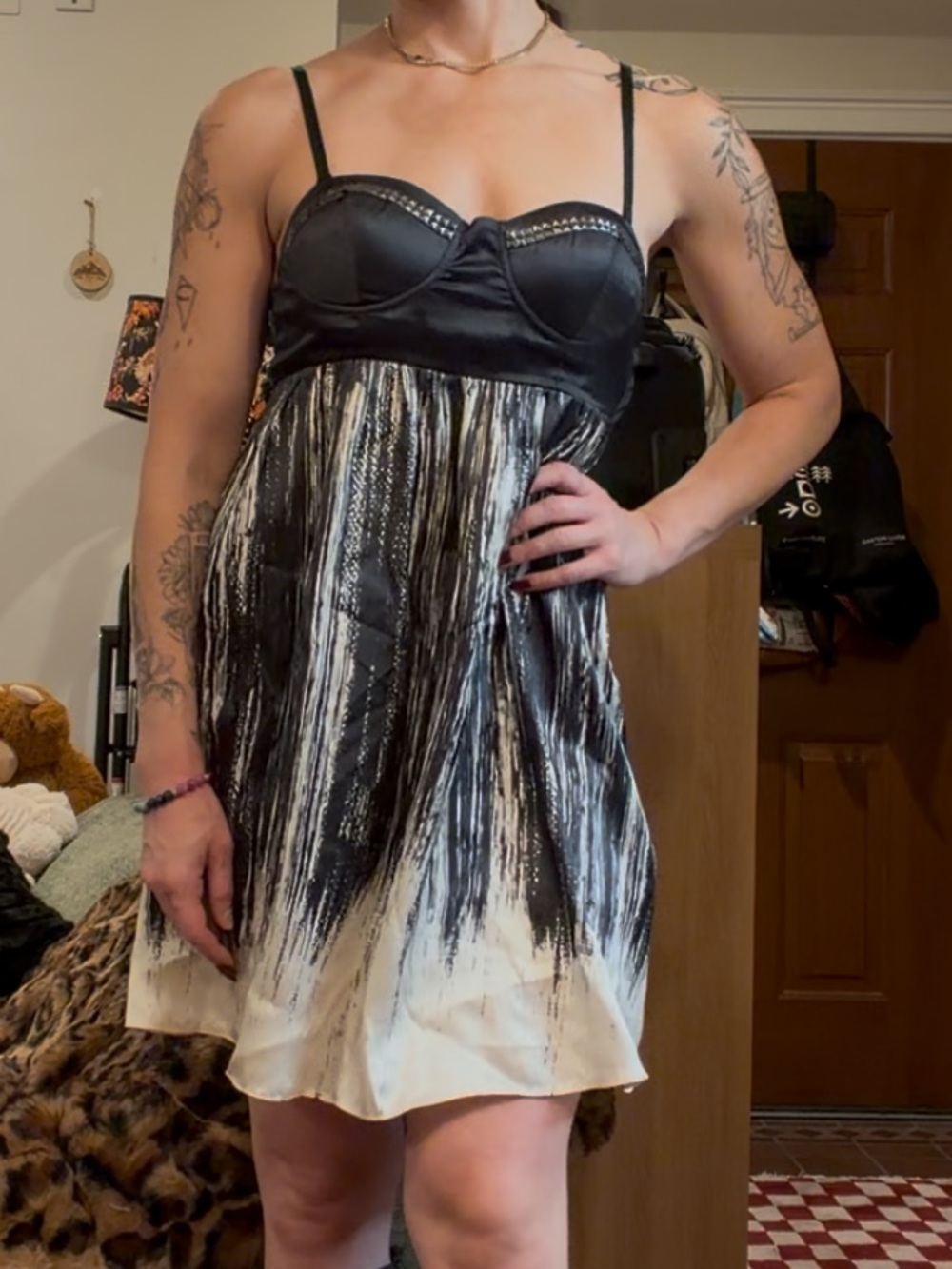 Black Silk Bustier Mini Dress Studded Y2K Indie Sleaze Size M